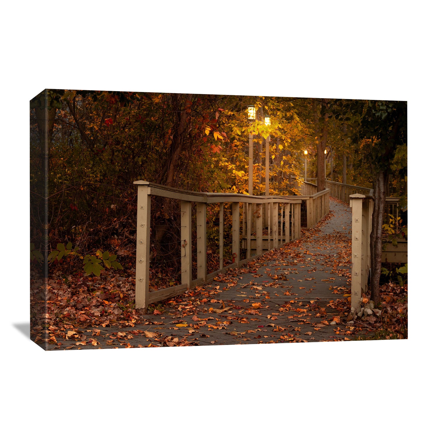 Capturing the peaceful aura of a morning on a boardwalk set against a backdrop of fall colors, the Woodlawn Beach Boardwalk Canvas provides a distinct selection of wall art that enhances autumn-themed decor in your sitting area.