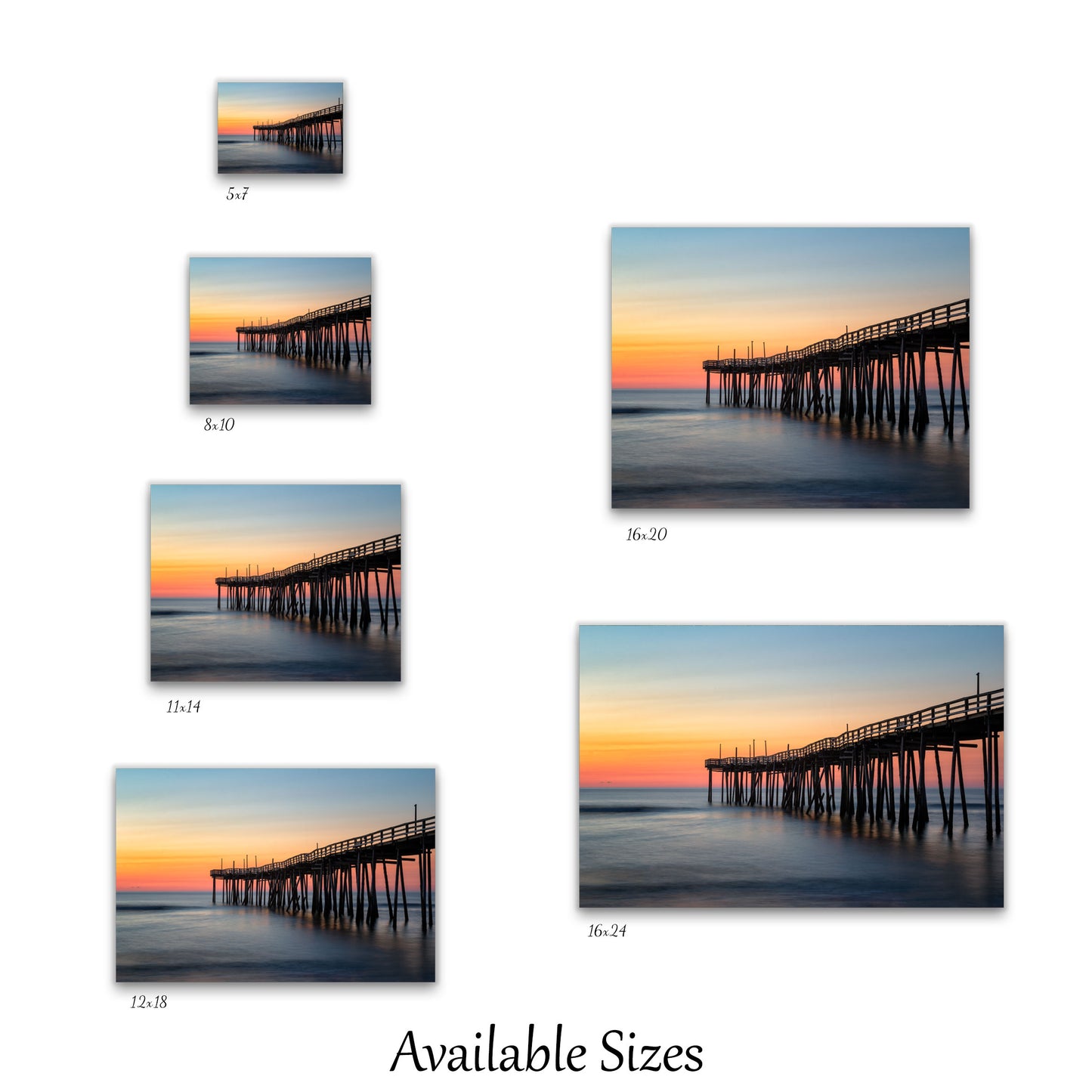 Visual representation of the Avon Pier wall art print sizes available: 5x7, 8x10, 11x14, 12x18, 16x20, and 16x24.