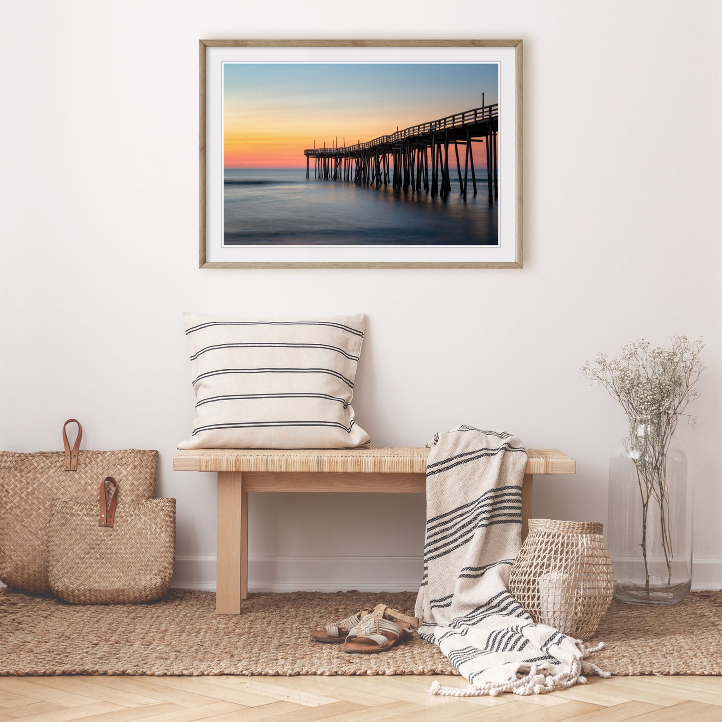 Seascape print capturing the brilliant colors of dawn at Avon Pier, showcasing the mesmerizing beauty of Outer Banks, North Carolina.