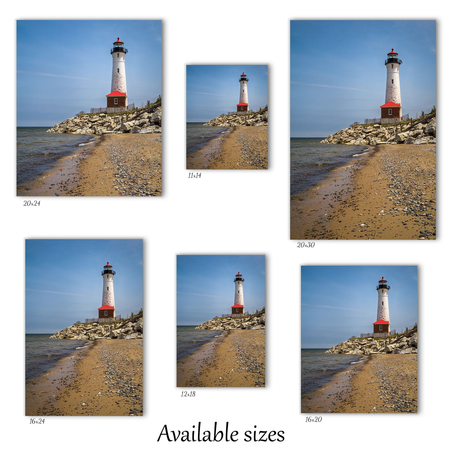 Visual representation of the Crisp Point Michigan lighthouse canvas wall art print sizes available: 11x14, 12x18, 16x20, 16x24, 20x24 and 20x30.
