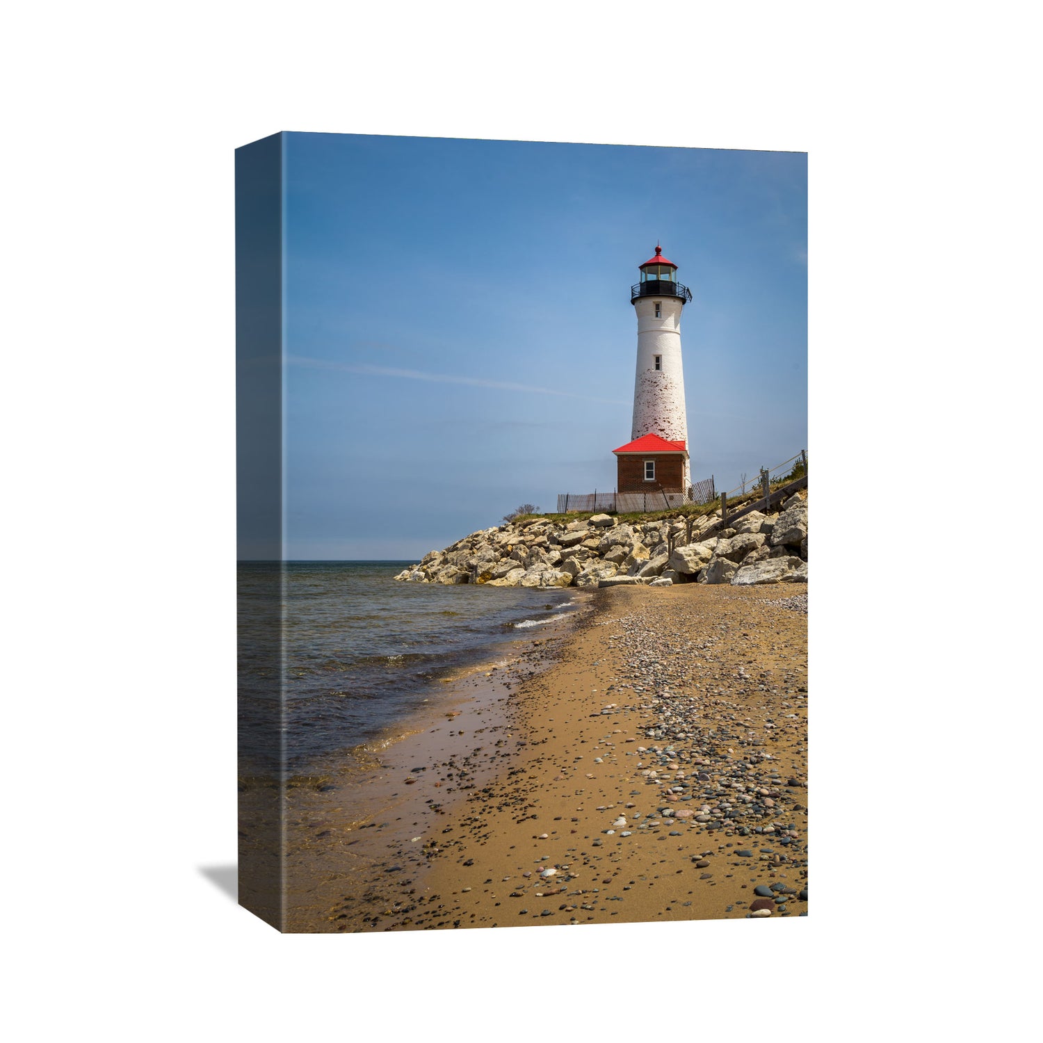 Artistic photography print capturing the picturesque Crisp Point Lighthouse near the water's edge, highlighting the contrast between the red-roofed structure and the natural landscape.