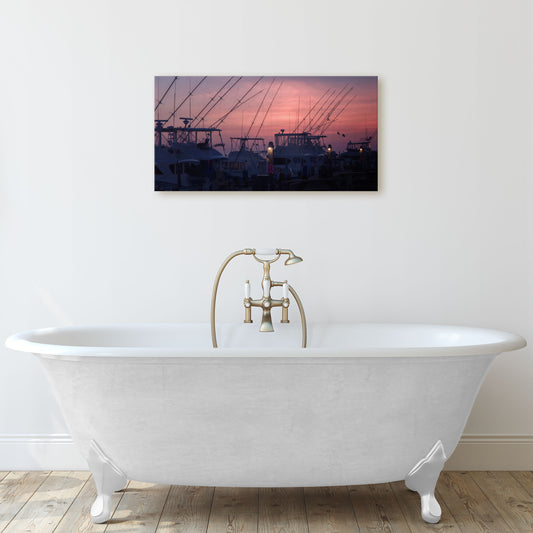 Outer Banks fishing boats docked canvas print in bathroom