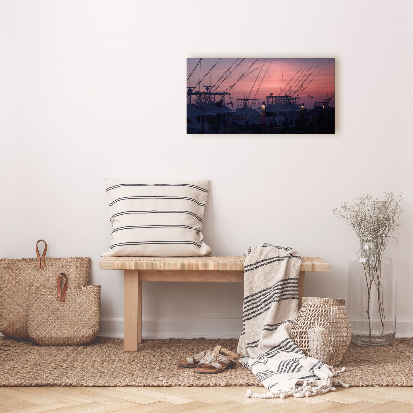 docked fishing boats at sunset canvas wall art over bench
