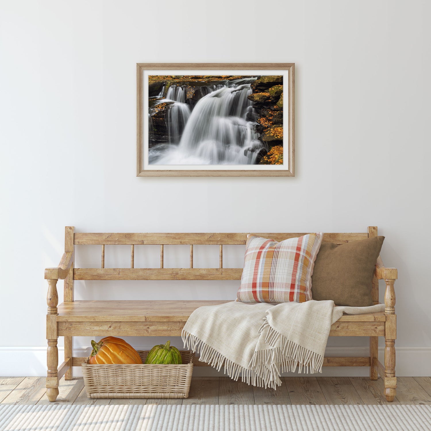 waterfall with fall leaves photography print