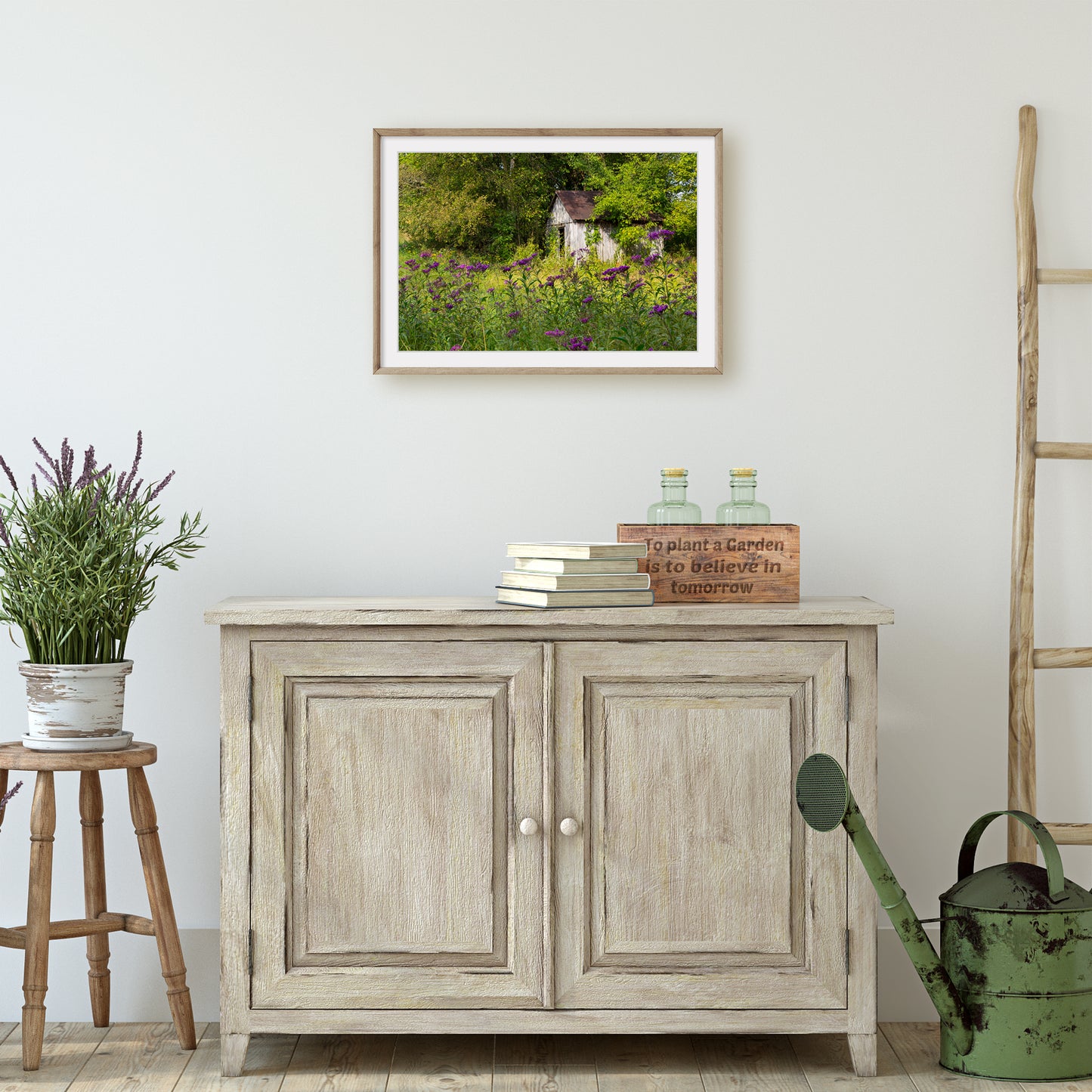 garden shed print hanging in cottage
