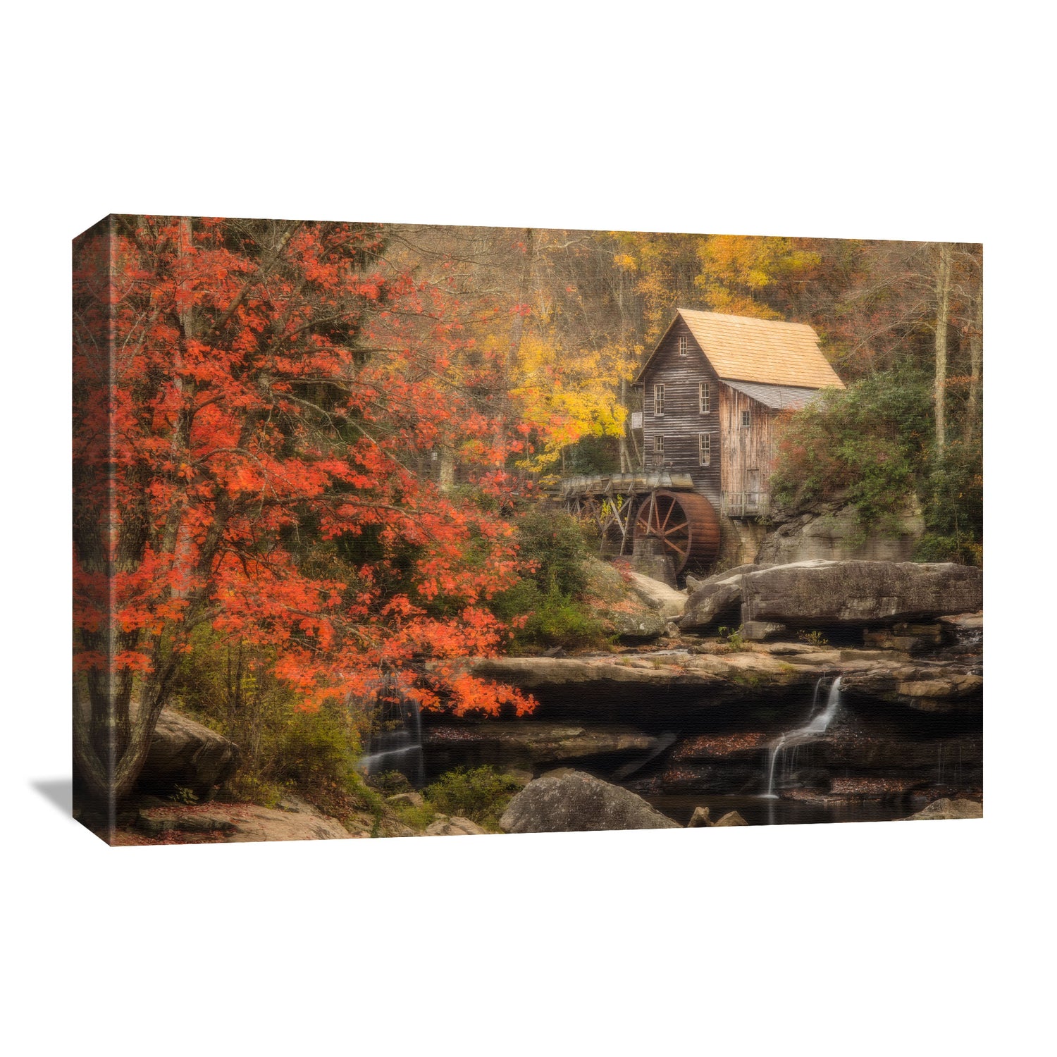 Fall landscape photograph of Glade Creek Grist Mill on durable canvas, using fade-resistant ink and kiln-dried pine stretcher bars for support.