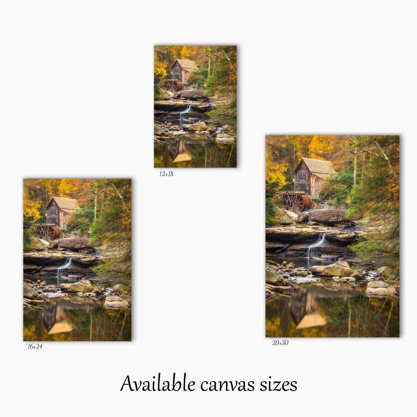 Visual representation of the canvas wall art print sizes available: 11x14, 12x18, 16x20, 16x24, 20x24 and 20x30.