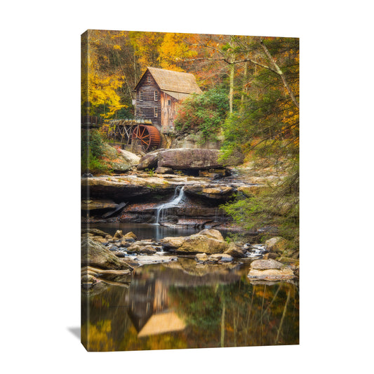 West Virginia canvas wall art featuring Glade Creek Grist Mill in fall colors
