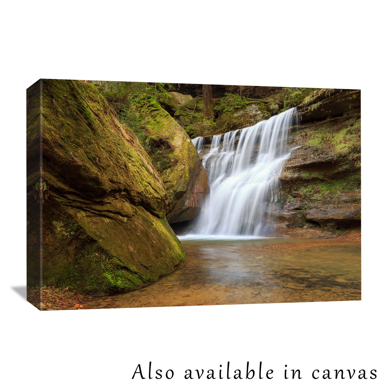 The Hocking Hills photograph is beautifully presented on a gallery-wrapped canvas, showing this photograph is also available as a canvas print for those interested in a ready-to-hang solution.