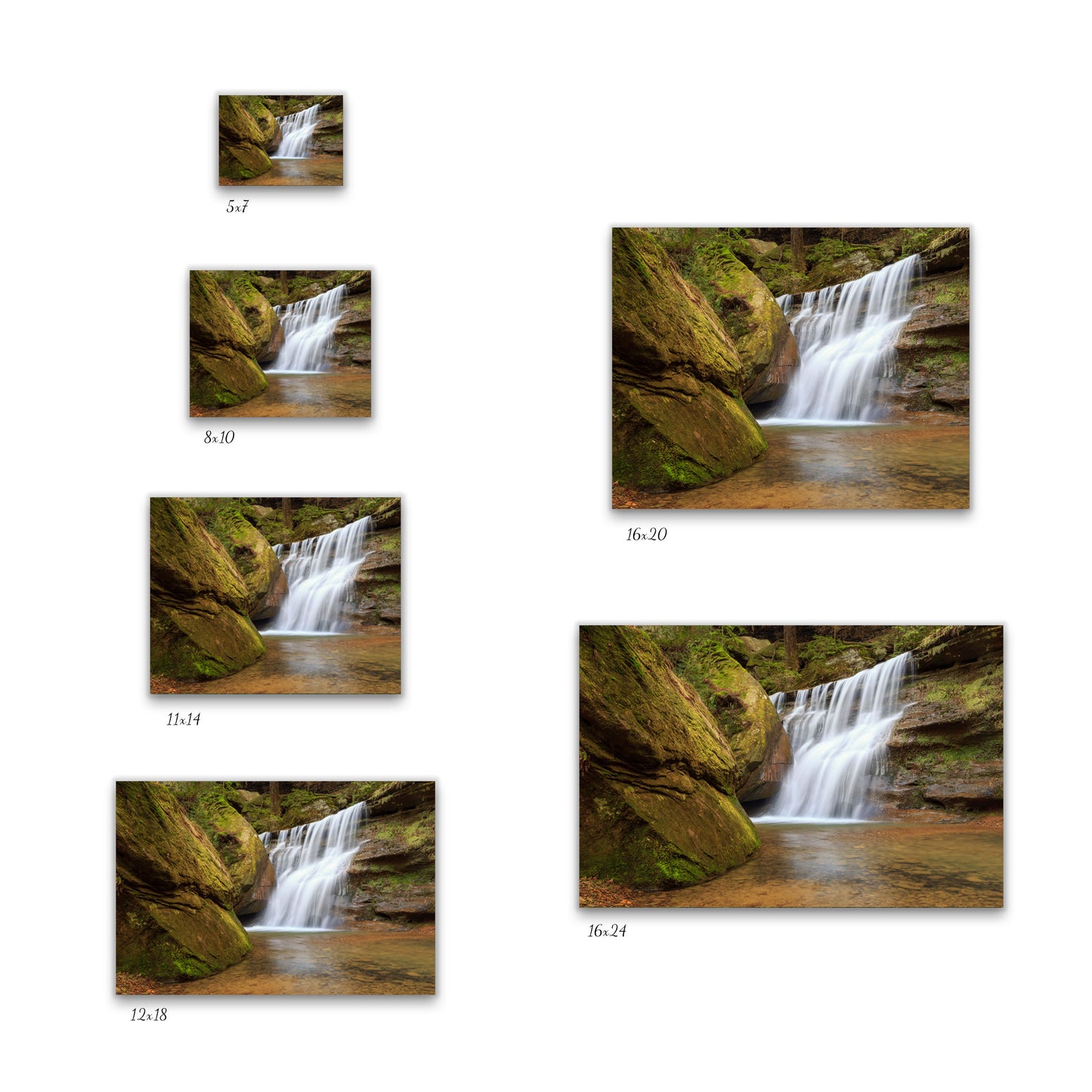 Visual representation of Hidden Falls wall art print sizes available: 5x7, 8x10, 11x14, 12x18, 16x20, and 16x24.