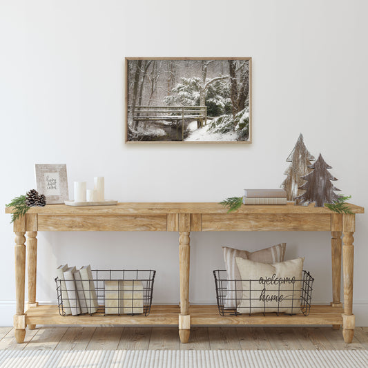 Kiser Lake Ohio winter scene print framed in entryway