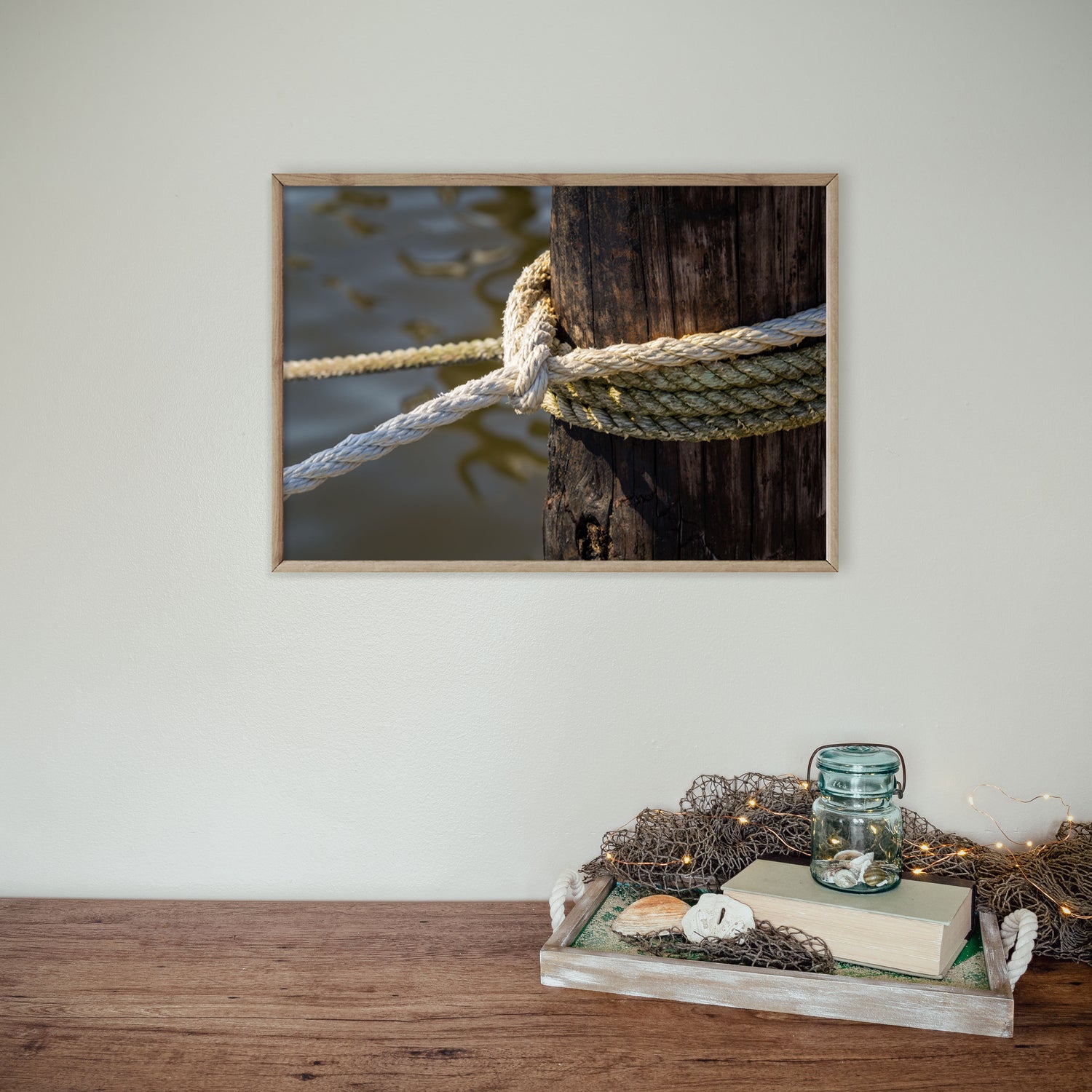 Beach House wall art featuring a close up of a mooring post