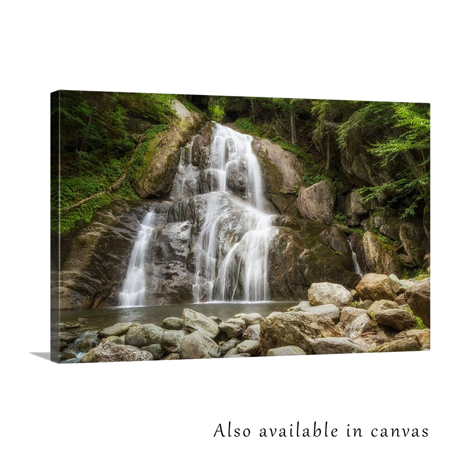 The photograph is beautifully presented on a gallery-wrapped canvas, showing this waterfall photograph is also available as a canvas print for those interested in a ready-to-hang solution.