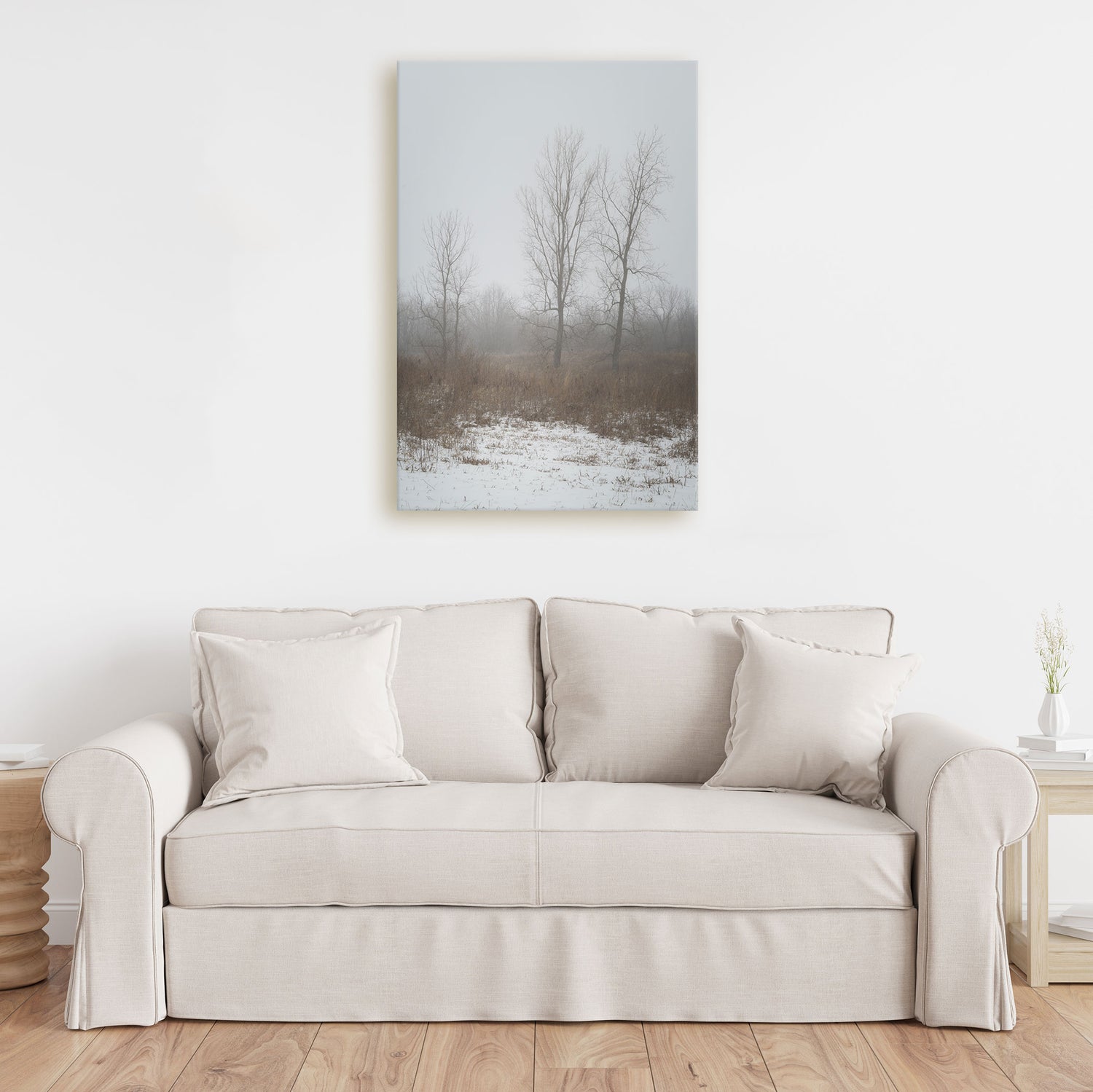 Elegant canvas wall art depicting a tranquil winter landscape with fog-covered trees.