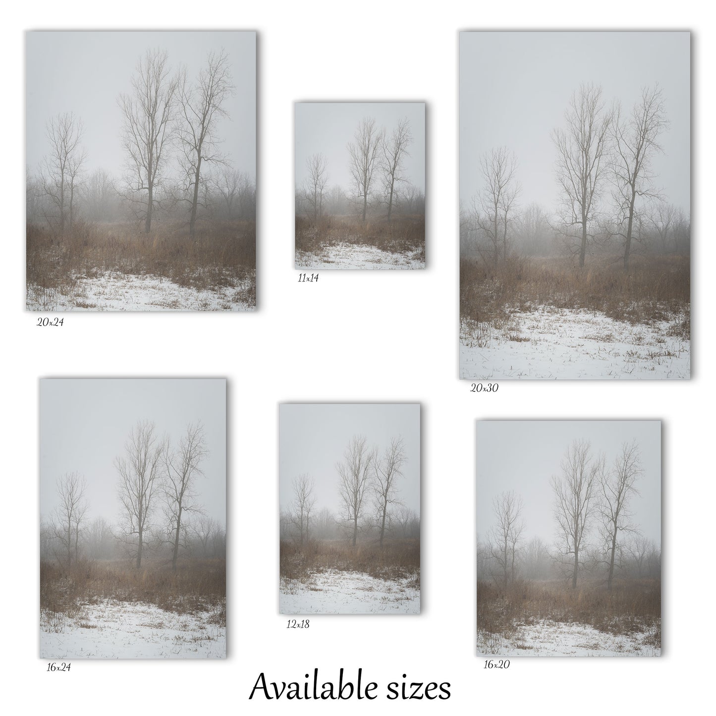Visual representation of the winter canvas wall art print sizes available: 11x14, 12x18, 16x20, 16x24, 20x24 and 20x30.
