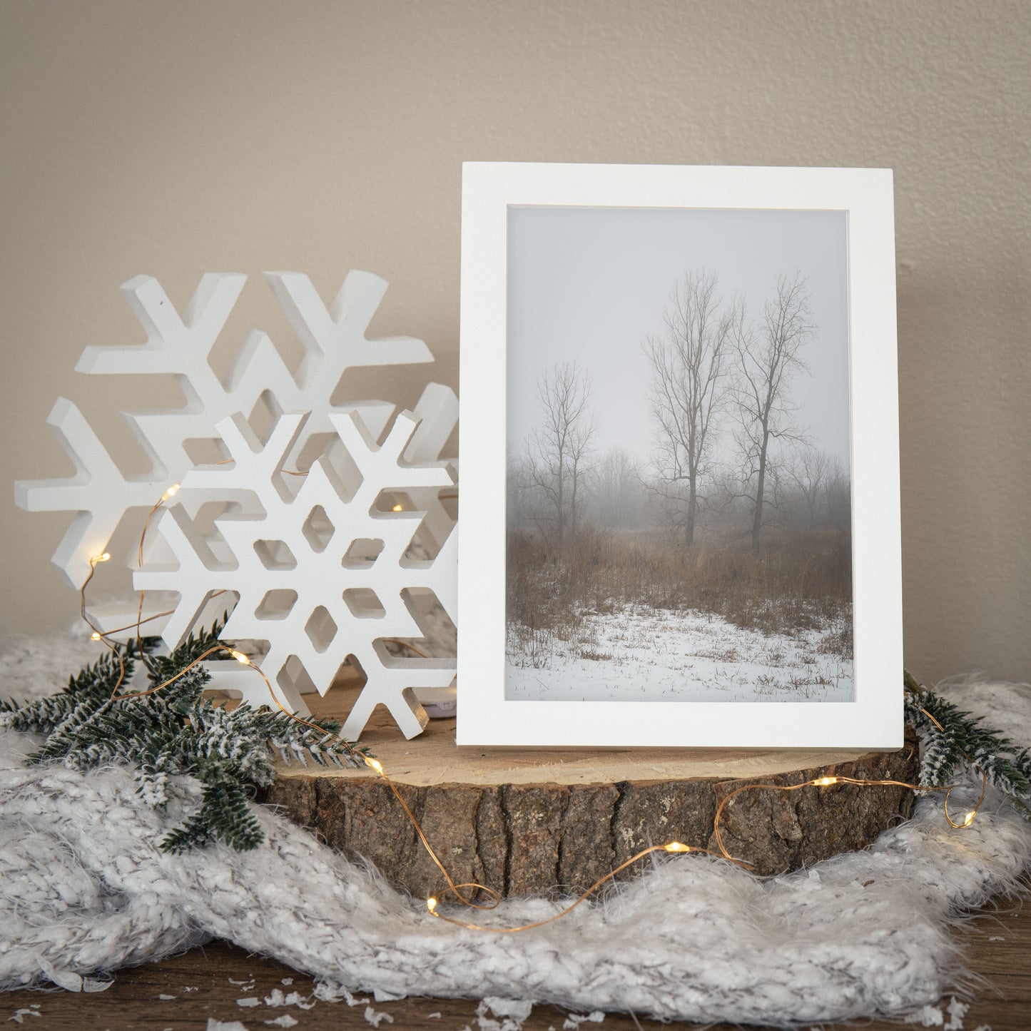 Winter nature photography print featuring trees in a snow covered meadow