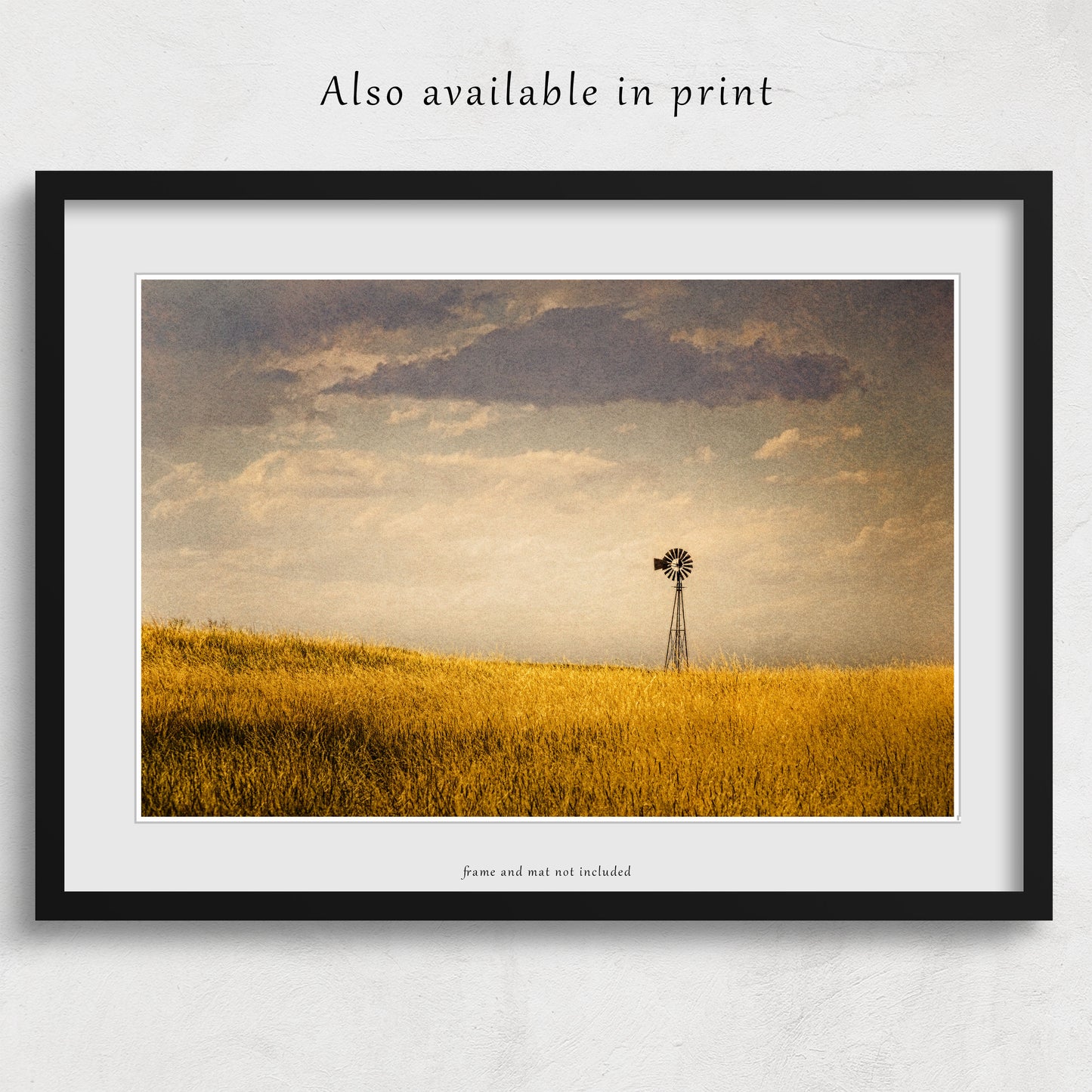 The Nebraska windmill photograph is beautifully presented as a framed print, showing this photograph is also available as a paper print. Please note that the frame and mat shown are for display purposes only and are not included in the purchase.