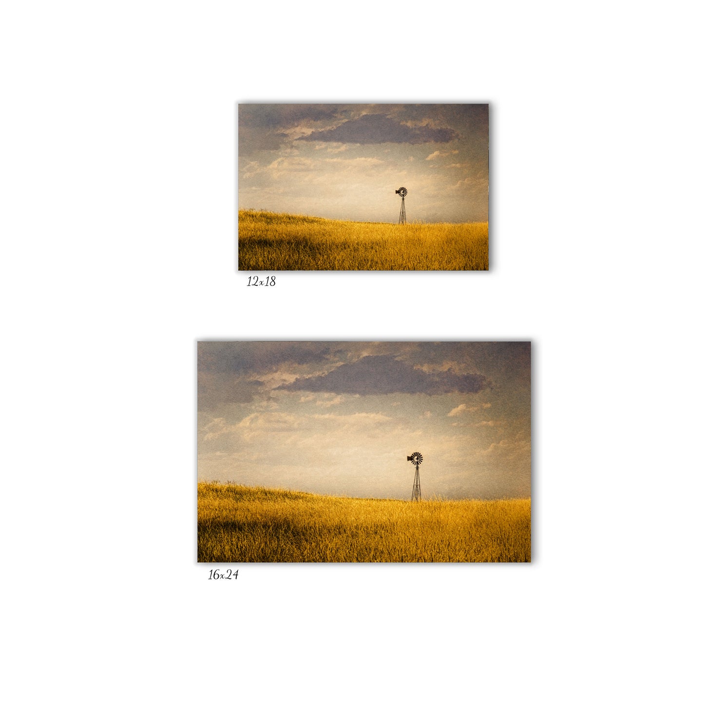 Visual representation of the Nebraska windmill canvas wall art print sizes available: 12x18 and 16x24.