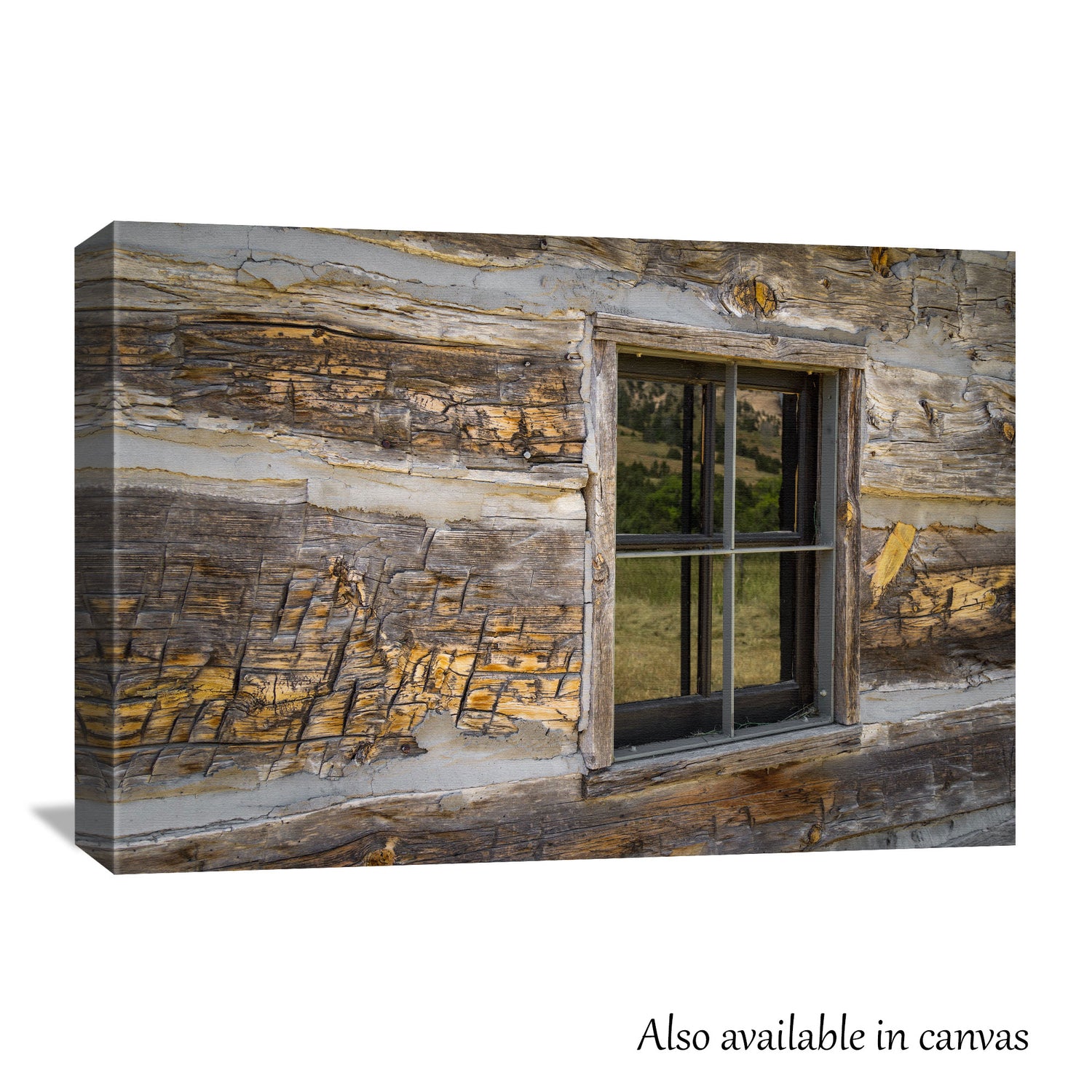 The old cabin window photograph is beautifully presented on a gallery-wrapped canvas, showing this photograph is also available as a canvas print for those interested in a ready-to-hang solution.