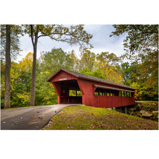 Rustic Country scene featuring a Fall Picture of an Ohio Covered Bridge, ideal for Farmhouse Decor.
