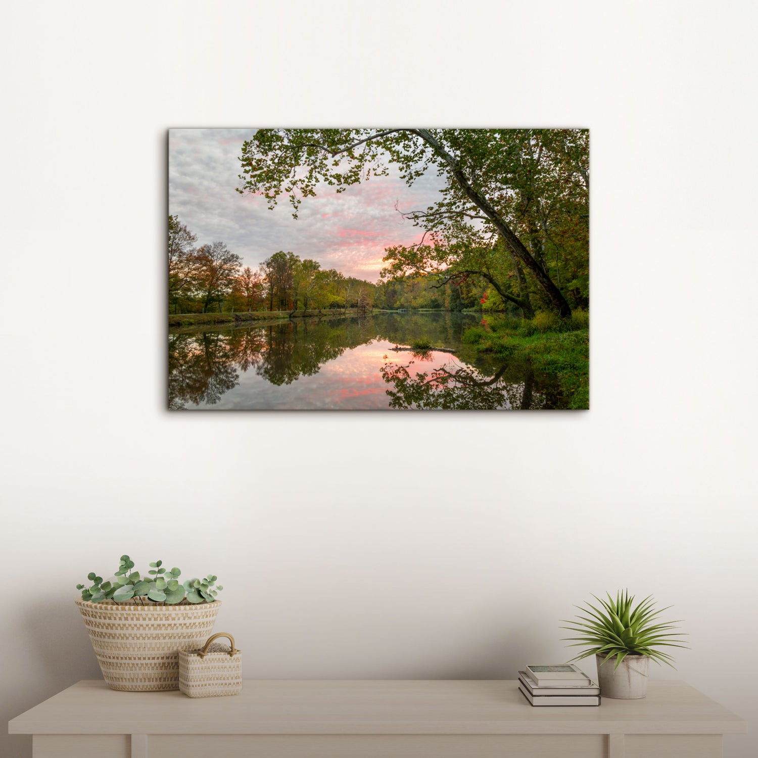 office wall art print of a landscape featuring a sunrise reflected in the lake