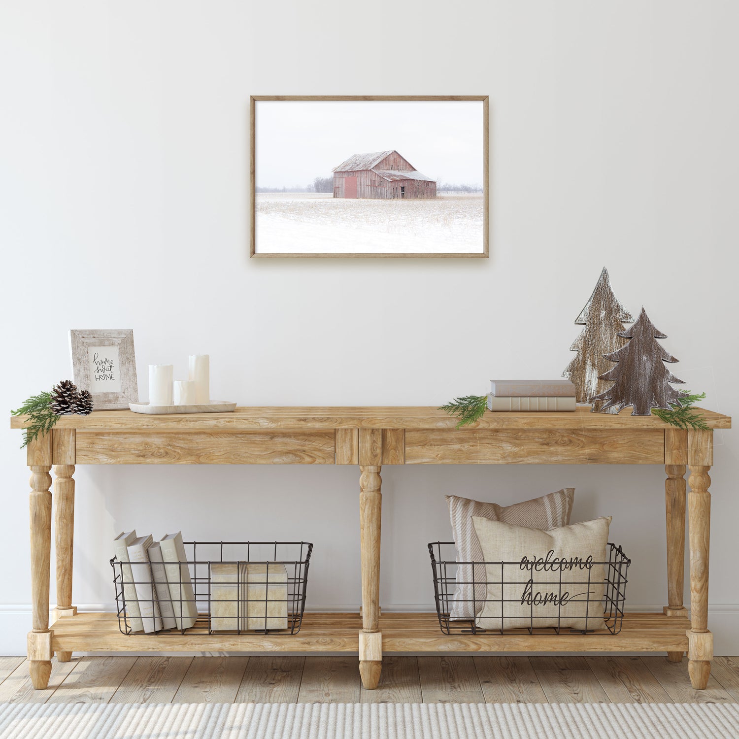 Red barn in winter snow storm wall art print