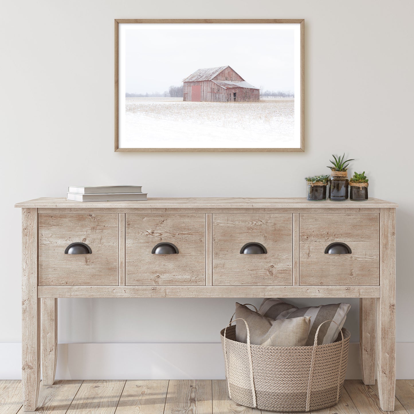 farmhouse wall art print of a red barn in winter