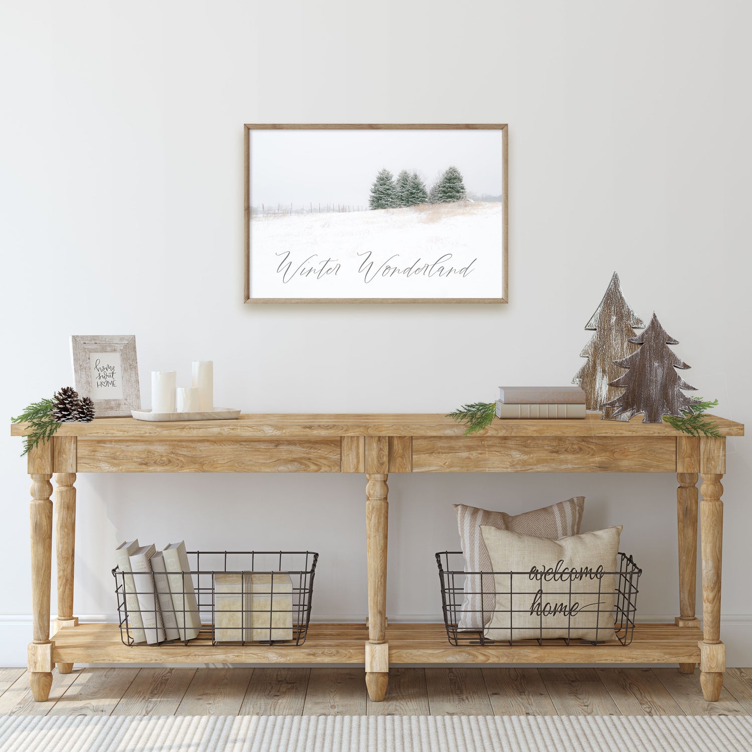 wall art  with winter wonderland printed under the snowy pine trees